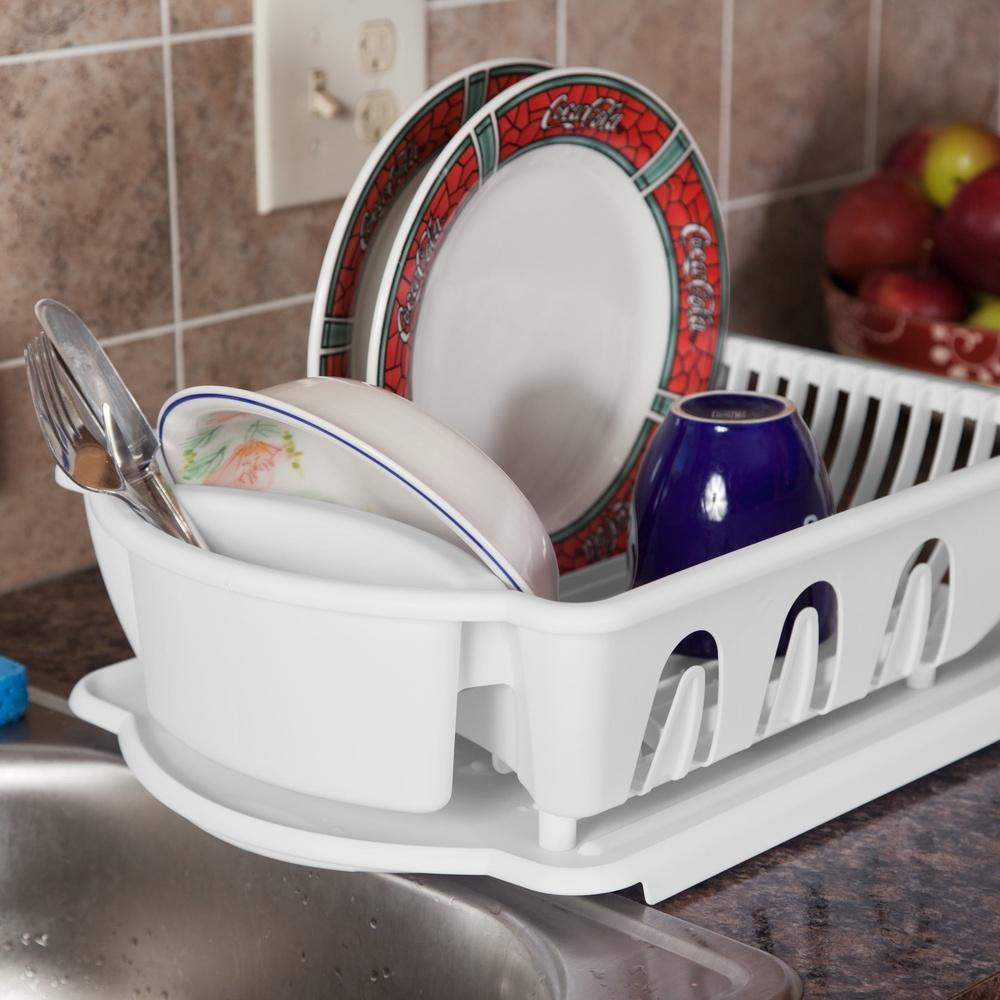 2 Piece Sink Set Dish Drainer with Inclined Drainboard Flatware Storage Cup Holder Kitchen Drying Rack System