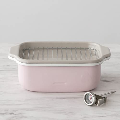 [Amazon.co.jp Exclusive] Fuji Horo Square Tempura Pot, Pink, IH Compatible, Includes Thermometer, Frying Net, and Tray, Gift Item
