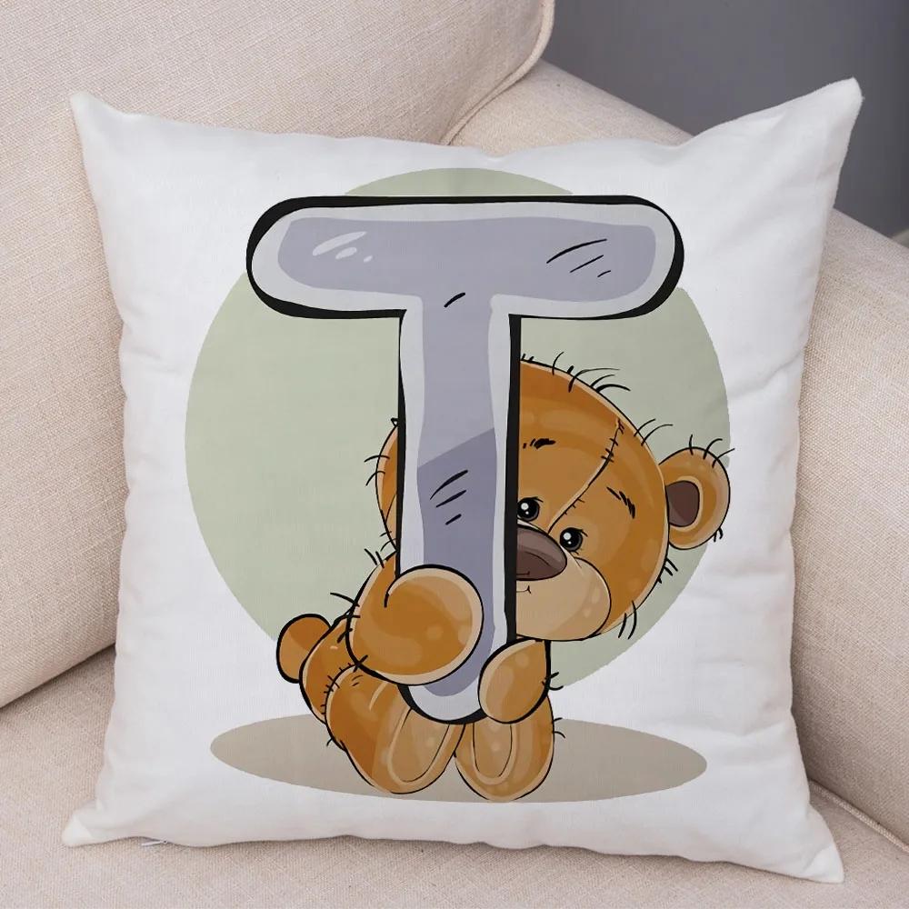 Cute Cartoon Bear Animal Cushion Cover for Sofa Children Room English Letter Print Pillow Case Short Plush Pillowcase 45x45cm
