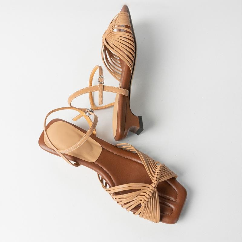 French Woven Hollow Holiday Sandals Women's Low Heel Comfortable Word with Square Head Temperament High Heels