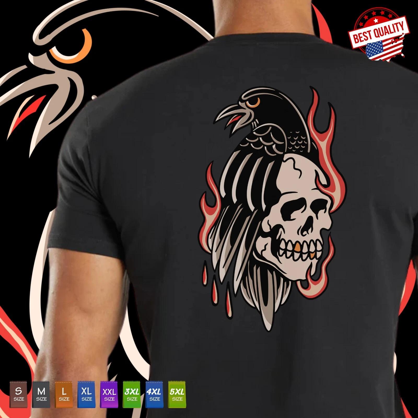 Raven and skull Old School Biker T Shirt Printed Back Vintage Tattoo Clothing 2XL