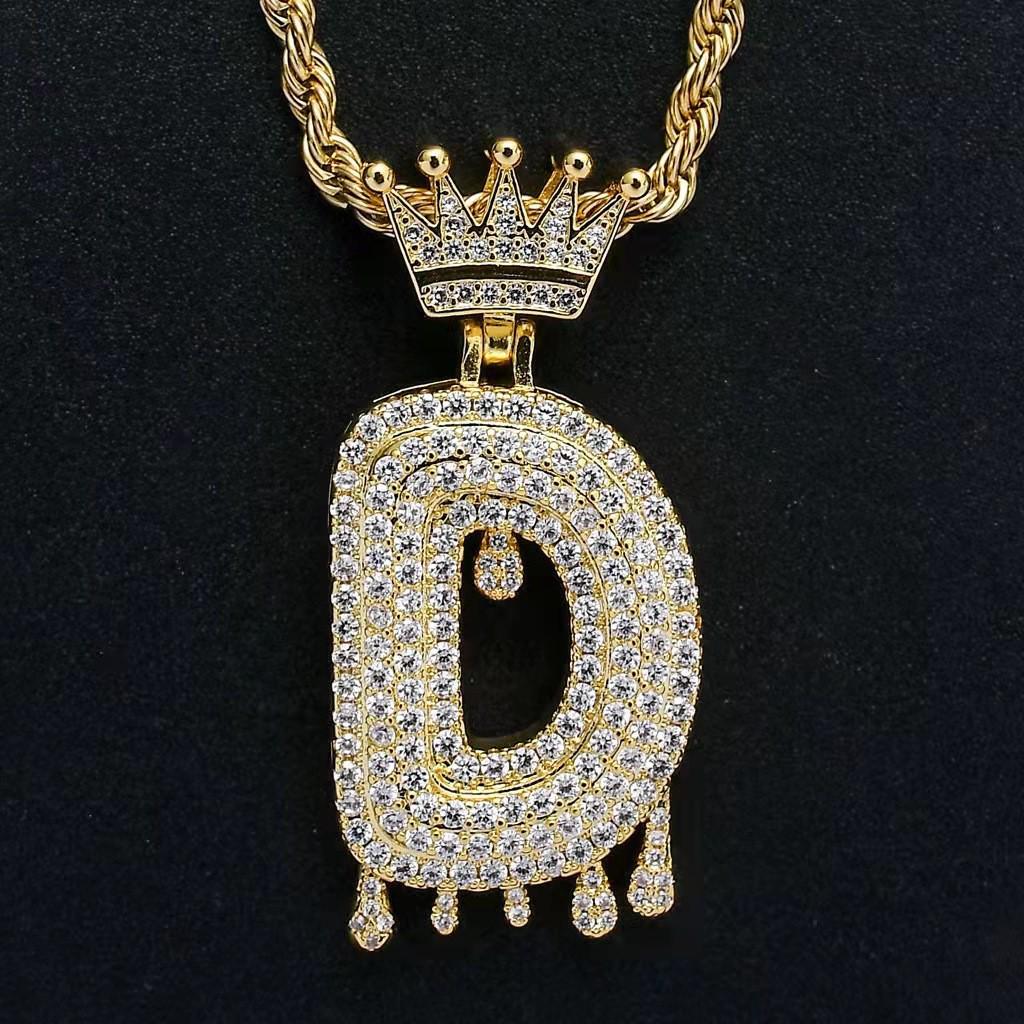 Stylish Hip Hop Zircon Crown Pendant Necklace with 26 English Letters for Women
