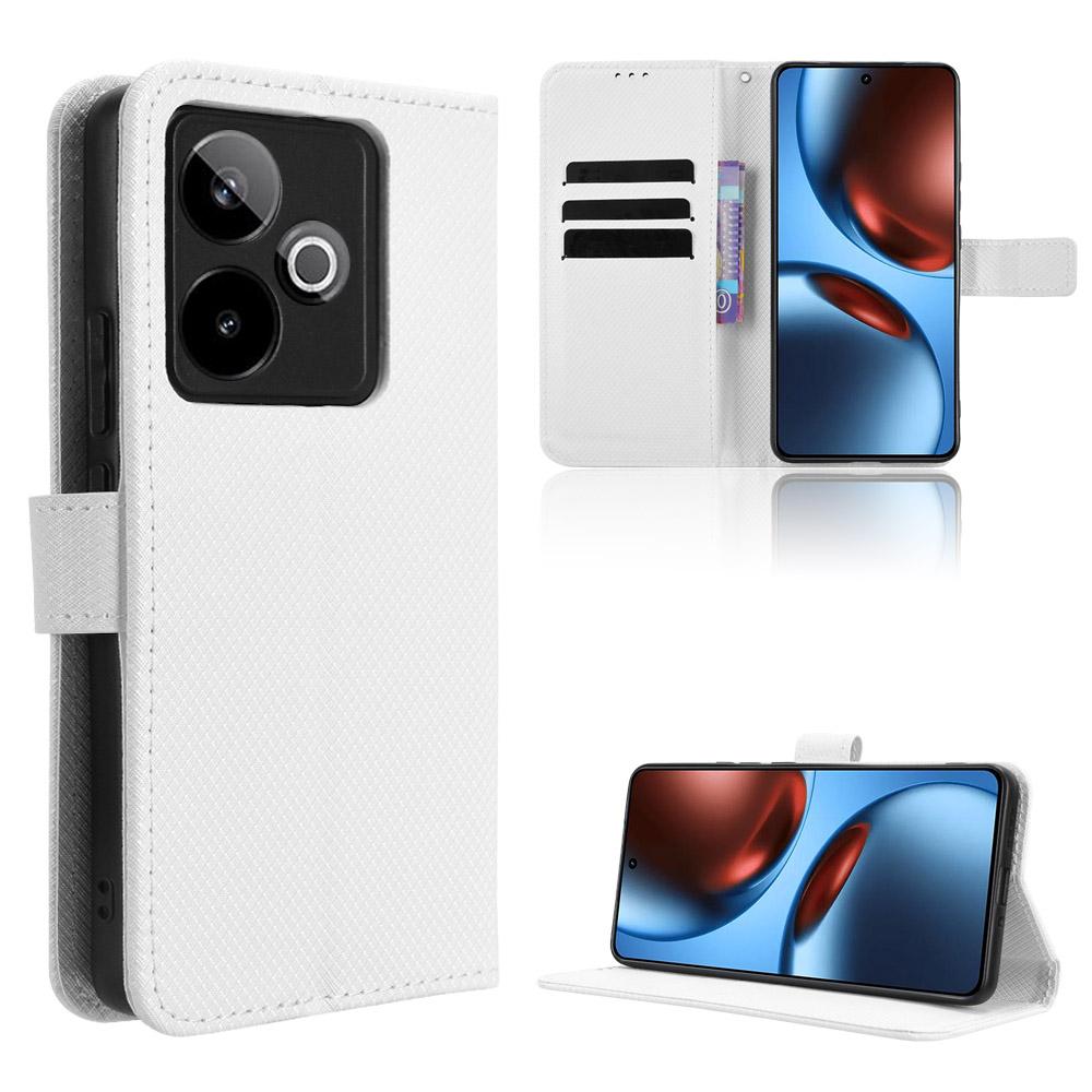 

Для Realme GT7 5G (Китай)/Кожаный чехол-кошелек для Realme GT 7 5G с ремешком, чехол для телефона с ромбовидной текстурой White