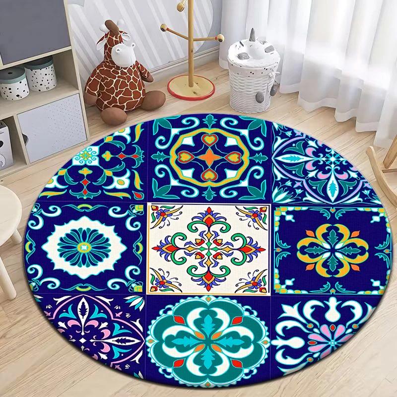 Moroccan Style Printed Round Carpet for Living Room Area Rugs Camping Picnic Mats Anti-Slip Rug Yoga Mat Doormat Floor Mat