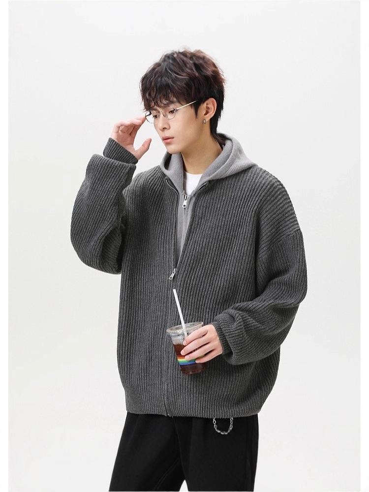 Unisex Two-in-One Patchwork Knit Hoodie Jacket - Autumn/Winter Loose Fit Sweater