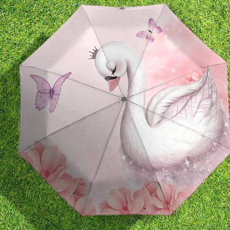1pc Swan Princess Automatic Folding Umbrella, Heavy Duty 8 Rib Iron Frame,  Suitable for Travel, Daily Use, Birthday, Decor Gift m0104027