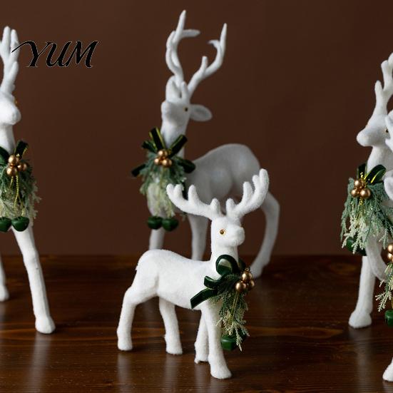 Holiday Gift Accessories with Bells White Flocked Elk Ornament, Ribbon Bell Decor 3D Standing Deer Winter Theme Table Centerpieces Figurine,