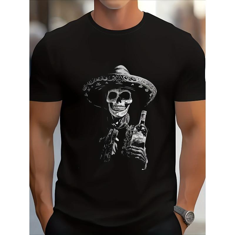 European Size Men'S Black T-Shirt Featuring a Mexican Skull Design for The Day of The Dead, Adorned with a Sombrero, Tequila Bottle