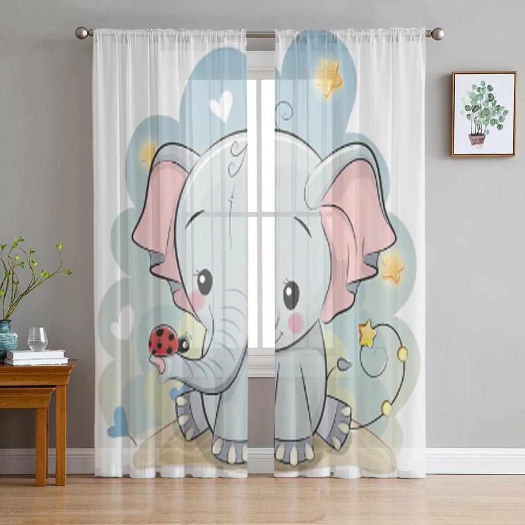 Cute Elephant And Star Sheer Curtains Bedroom Voile Curtain Living Room Window Sheer Curtains Kitchen Tulle Drapes