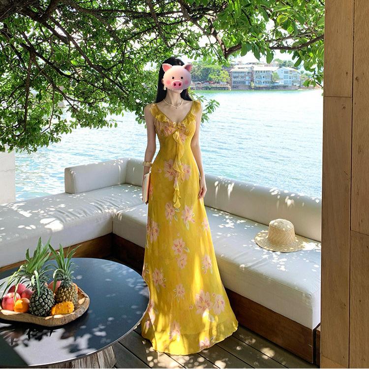 French beautiful lotus leaf edge yellow print v-neck suspender dress fairy seaside atmosphere vacation style dress