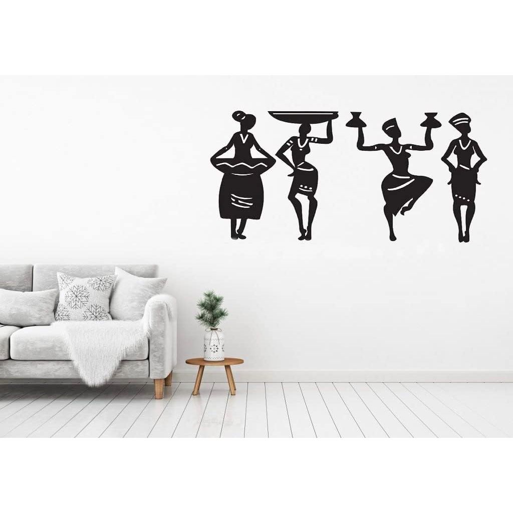 Set of 4 African Tribal Women Wall Decor – Black Laser-Cut MDF & Solid Pine Wood Ethnic Wall Art