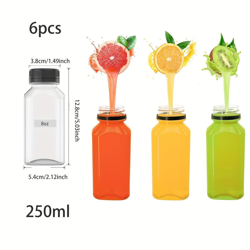6pcs Reusable Transparent Plastic Juice Bottles with Lids, For Beverages, Smoothies, Milkshakes, Fridge Storage Containers