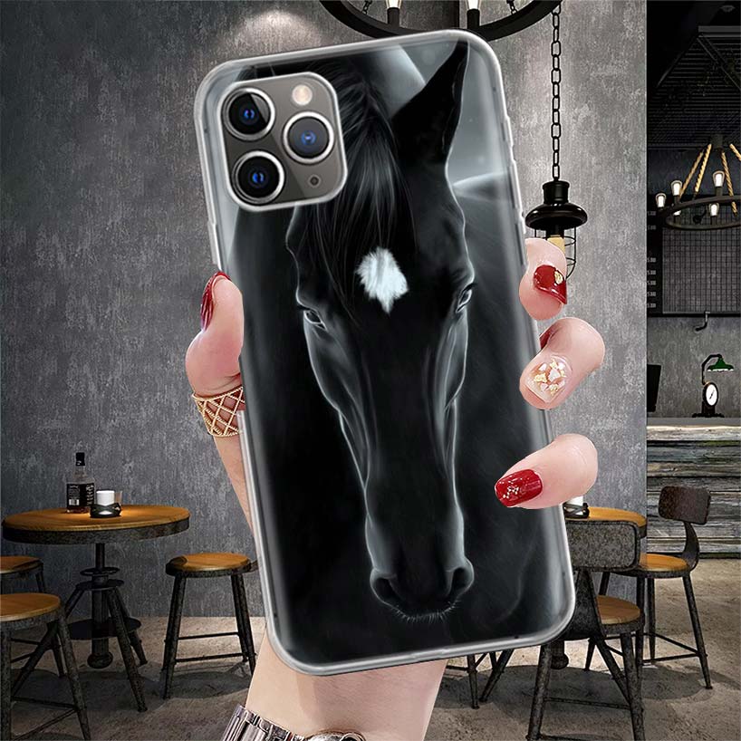 Étui de téléphone souple Cheval Noir Animal Pour IPhone 11 17 Air 16E 16 Pro Max 15 + 14 Plus 13 Mini 12 Apple 7 SE 8 Fundas Coque 11 17 A