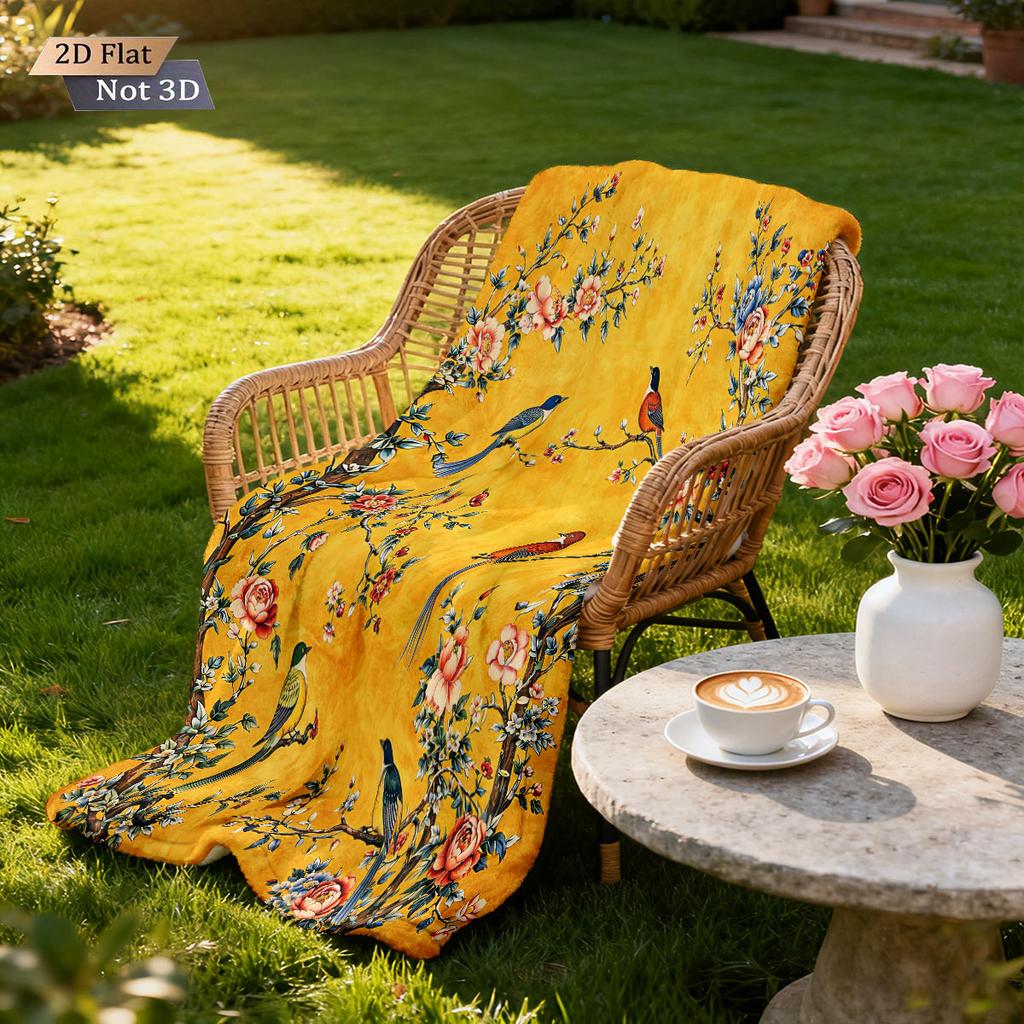 1Pc Chinese Style Flower Bird Print Flannel Blanket Multi Size Living Room Sofa Nap And Leisure Blanket Soft Machine Washable