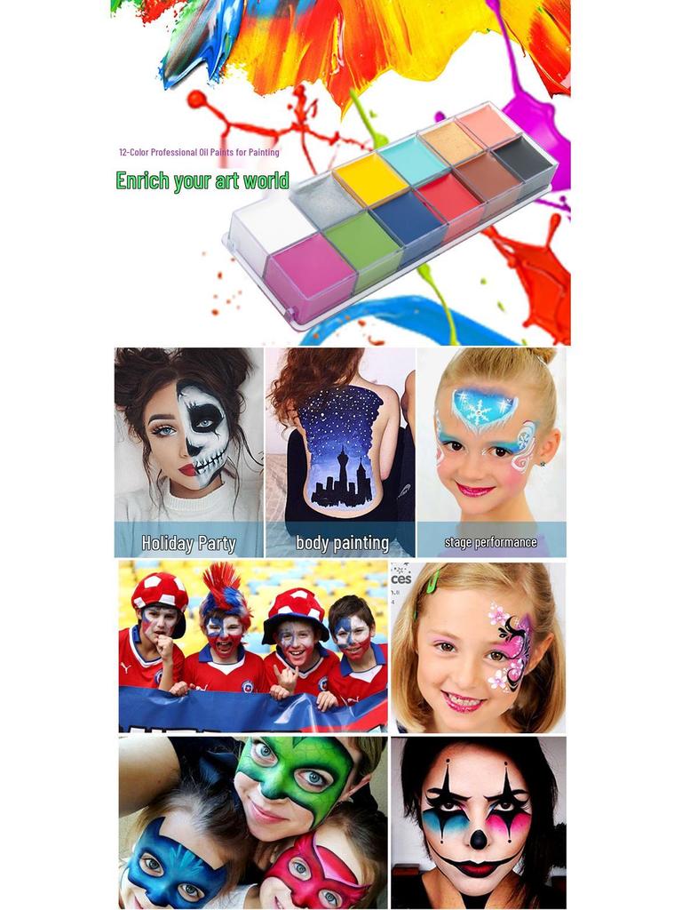 12-Color Theatrical Oil Paints for Body Makeup and Halloween, Opera, and World Cup Face Painting