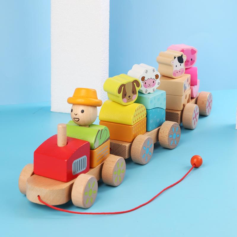 Cross-border Children's Wooden Three-section Tractor Train, Animal Pairing Assembly Color Cognition Early Childhood Education Building Block Toy