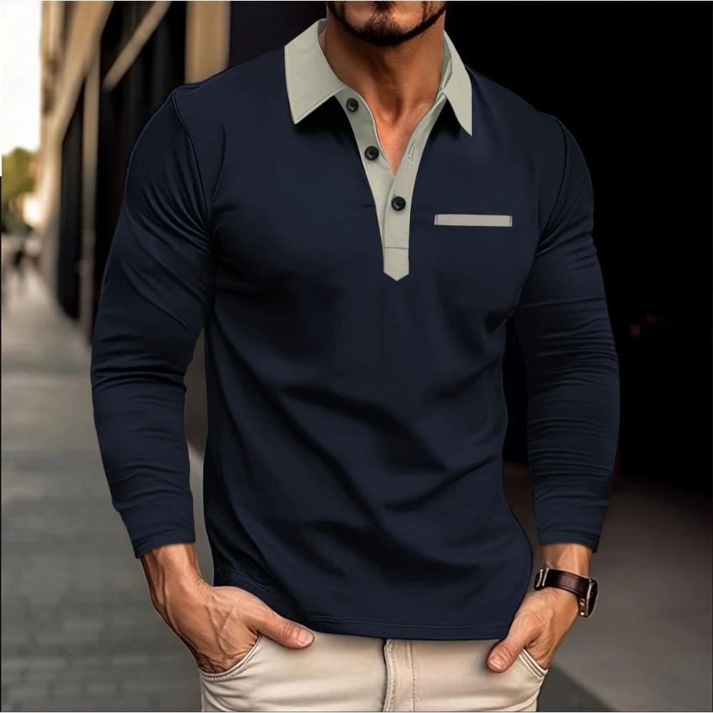 Men's Polo Shirt Button Solid Color Casual Long Sleeved T-shirt