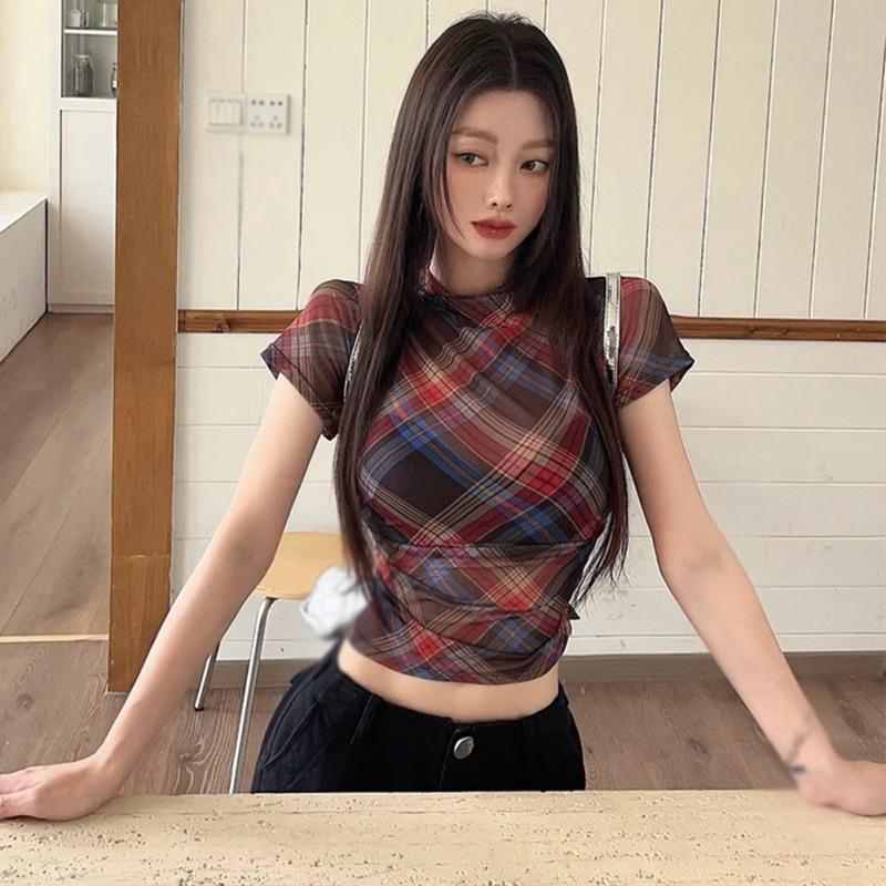 Dámské kostkované tričko Crop Top Síťované Průsvitné Kulatý výstřih Krátký rukáv Top