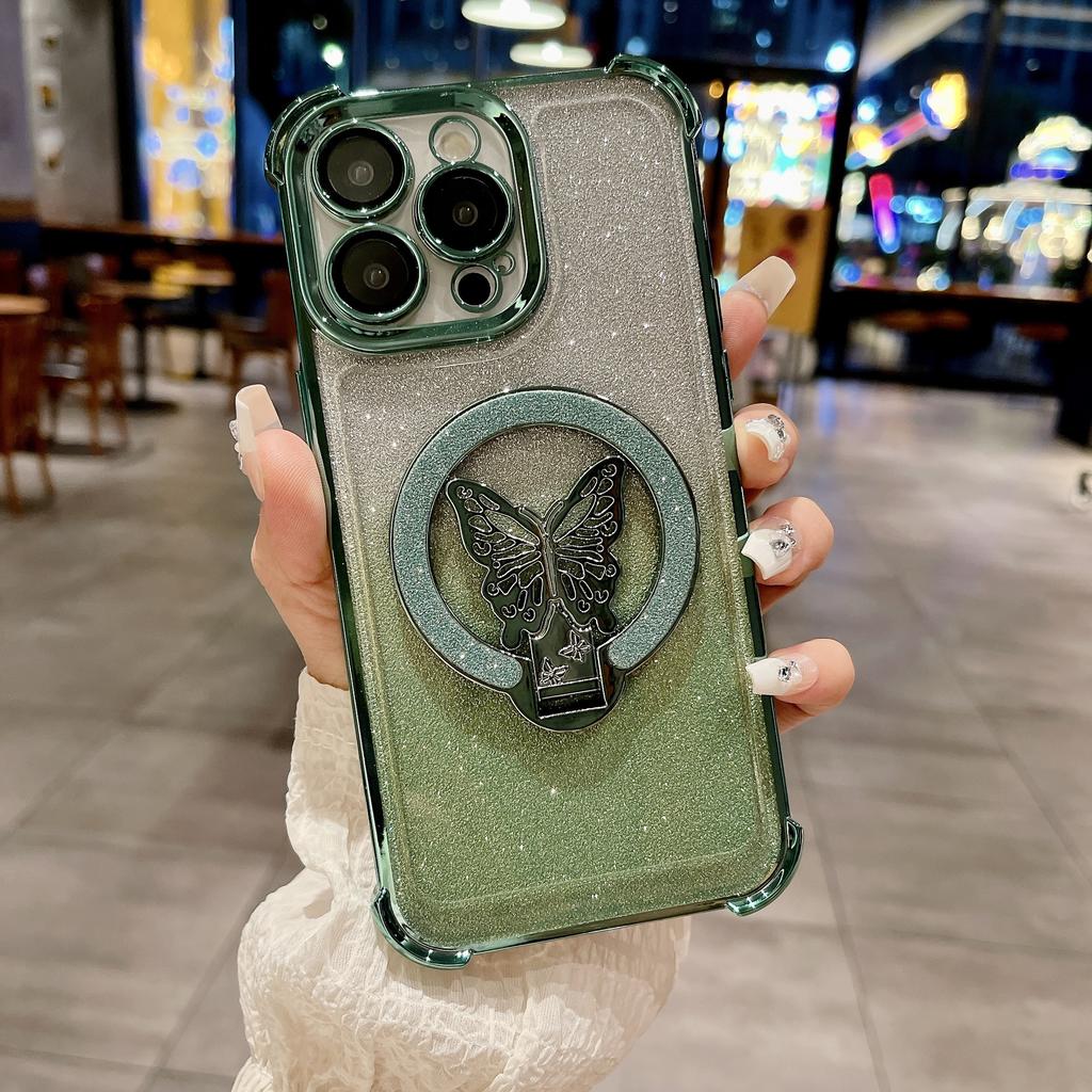 Applicable To Apple 16 Butterfly Flash Powder Stand Magnetic Snap Case Four Corner Airbag Anti-fall IPhone 15 Protective Case 13