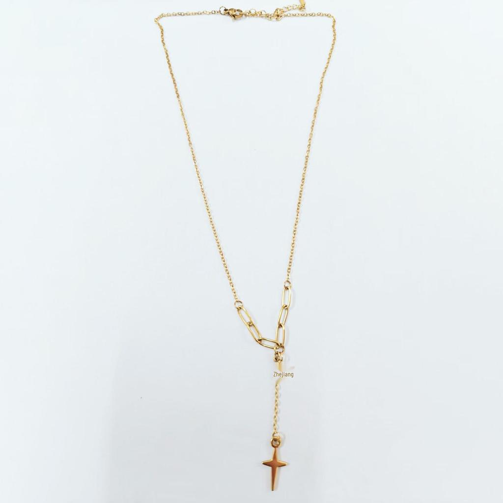 Eight-Pointed Star Clavicle Necklace with Rhinestone Tassel and Cross Pendant in Stainless Steel