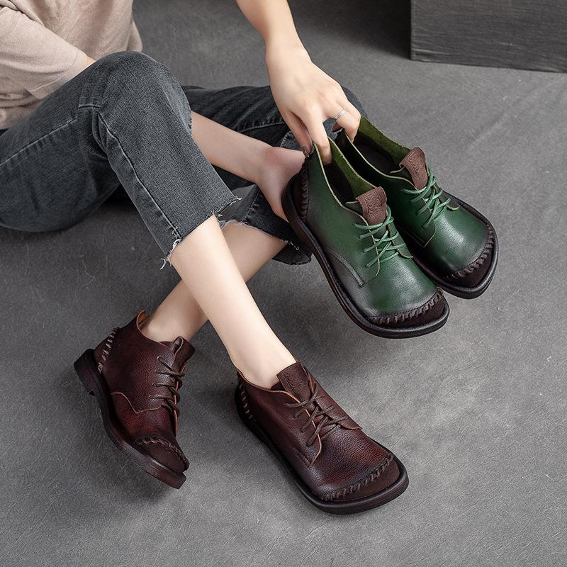 Fashion GKTINOO Square Toe Lace Up Thick Soled Boots For Women Platform Ankle Boots Genuine Leather Autumn Luxury Sewing Causal Shoes