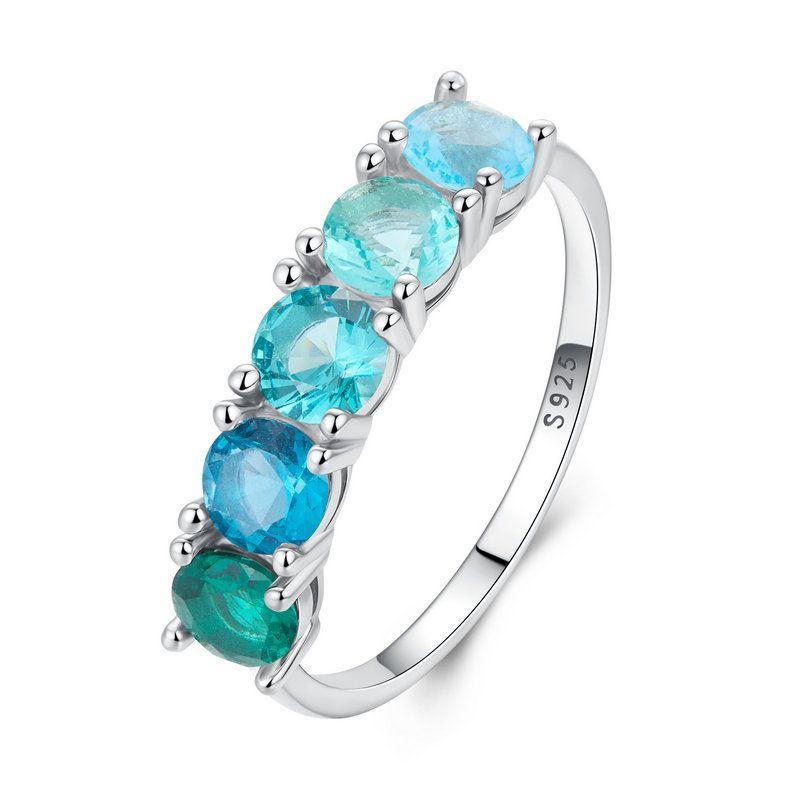WOSTU 925 Sterling Silver Classical Round Ocean Blue CZ Sapphire Ring For Women Engagement Party Wedding Holiday Jewelry Gift