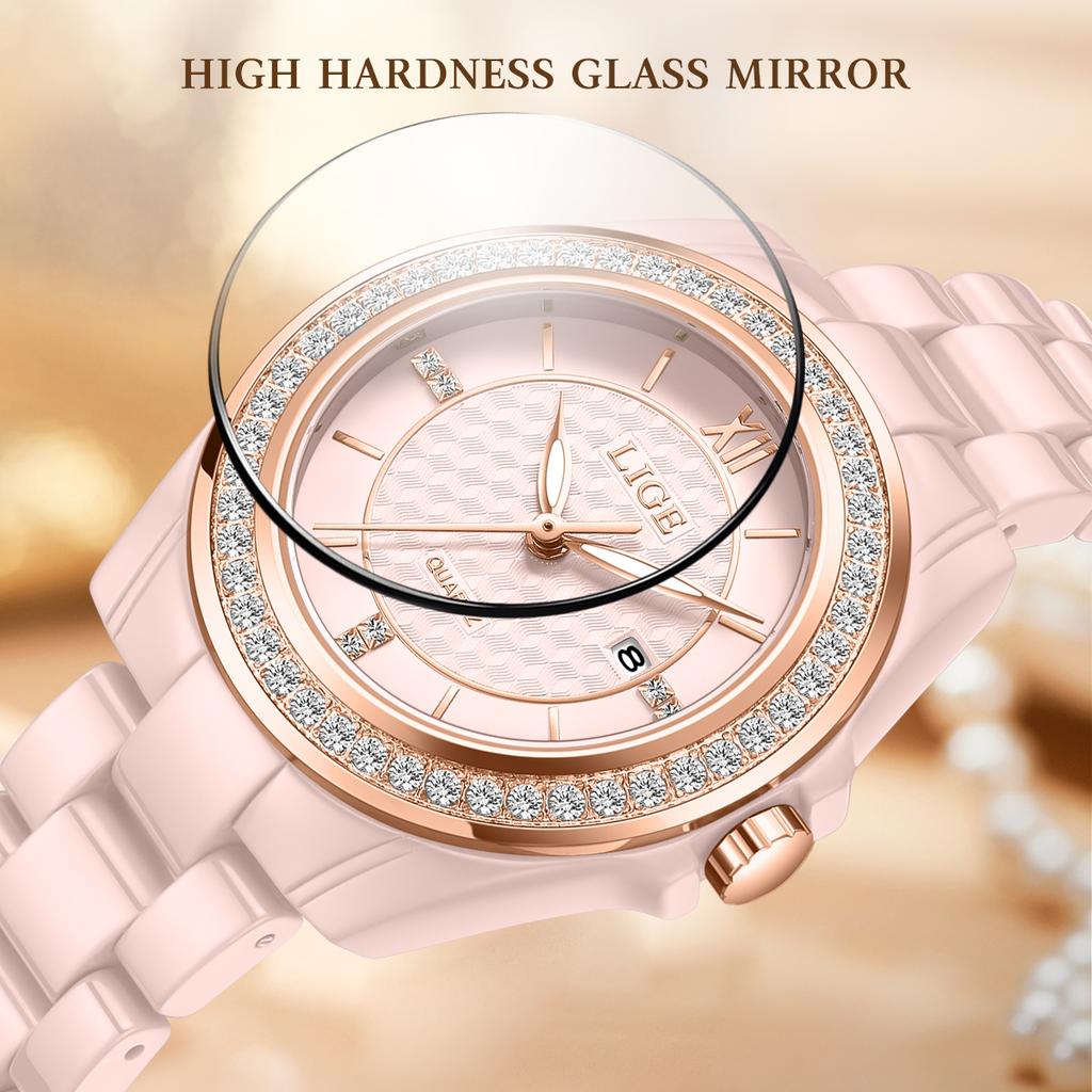 LIGE Women's Watch New Ceramic Elegant Quartz Watch Fashion Waterproof Luminous Clock Women's Wristwatch Montre Femme+BOX