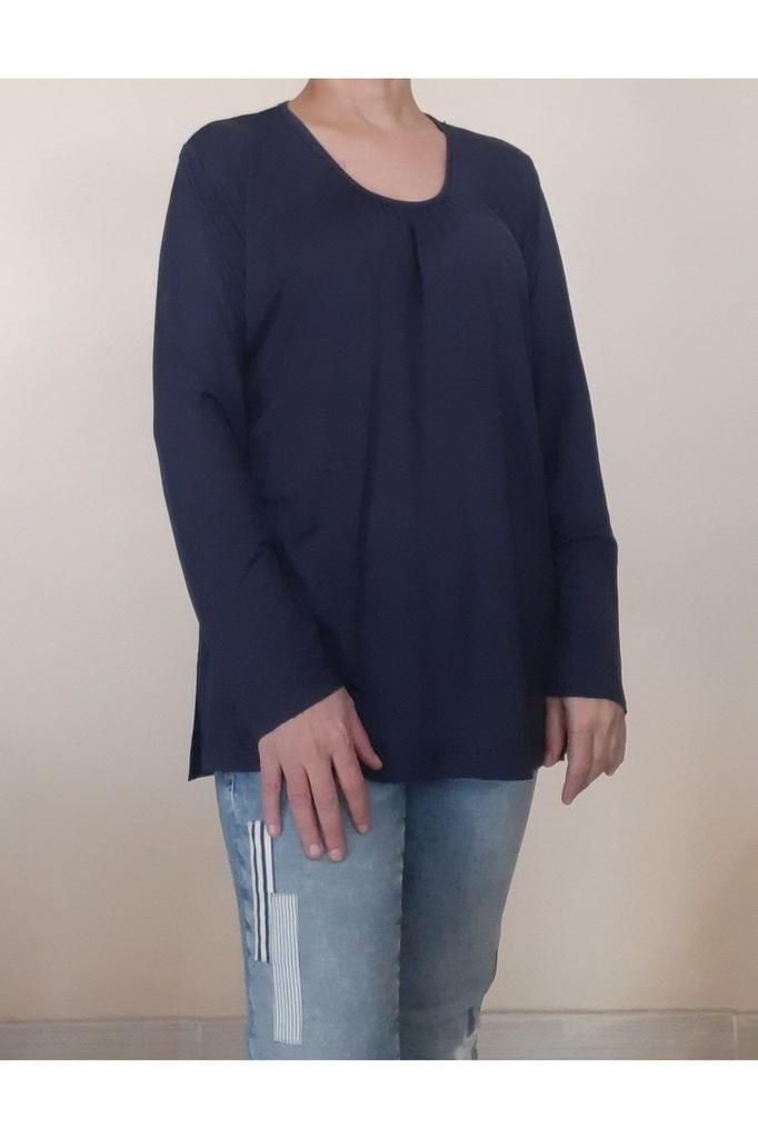 Women's Style Big Size T-Shirt Navy Blue Combed Cotton Viscose T-Shirt With Gathered Collar