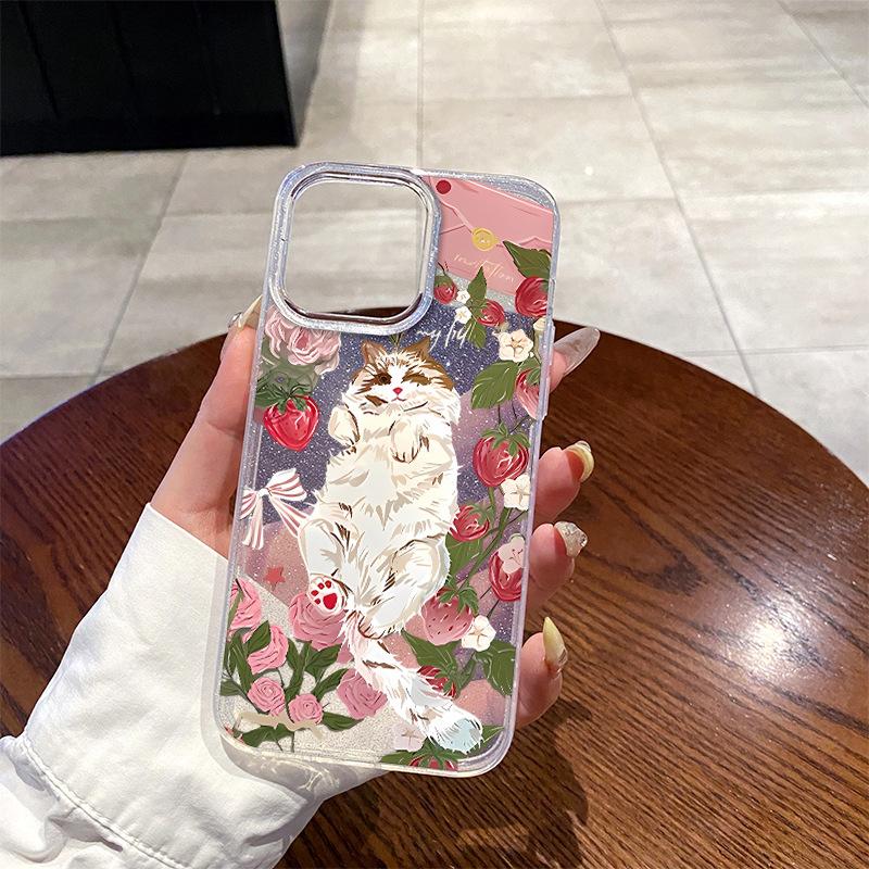 Spring sweet girl atmosphere strawberry rose cat apple 13 mobile phone case iPhone17 glitter anti-drop protective case