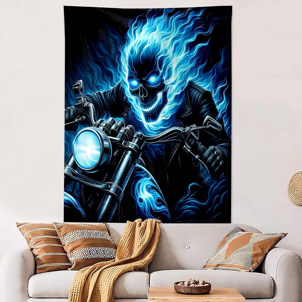 "Flaming Skull Rider on Motorcycle" Patterned Tapestry Decorative Wall Hanging, Home Bedroom Living Room Decor