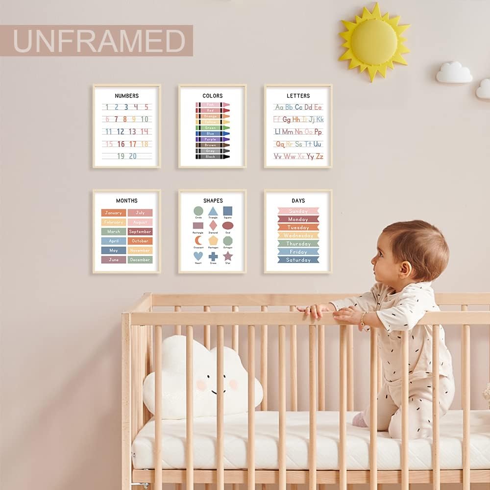 UNXIS Set of 6 Alphabet Poster, Abc Chart, Number Chart Educational Posters For Classroom Homeschool Preschool Supplies, for Kids Ages 3-5 Baby Girl