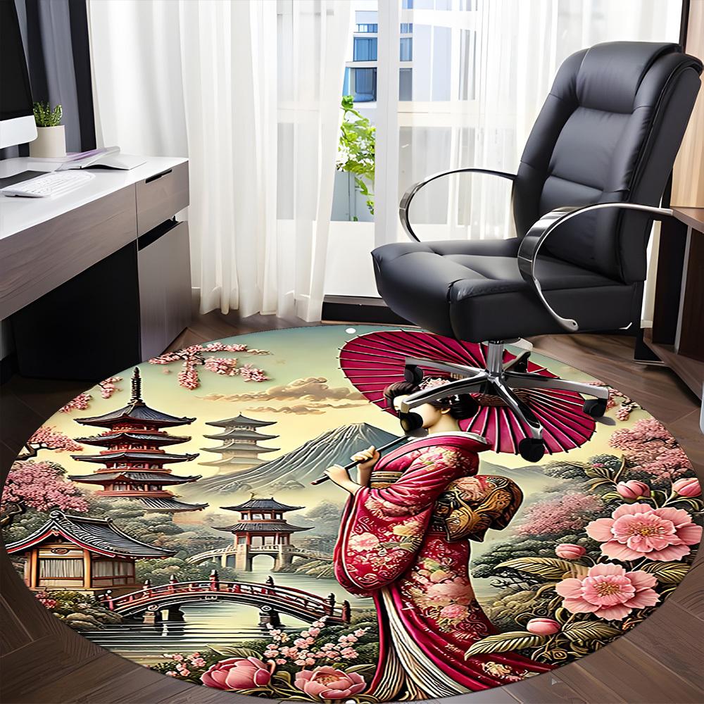 1PCGeisha Blossoms Office Round Area Rug,  Mat Suitable For Office, Under Office Chairs Bedroom Living Room Home Decor, Room Deco