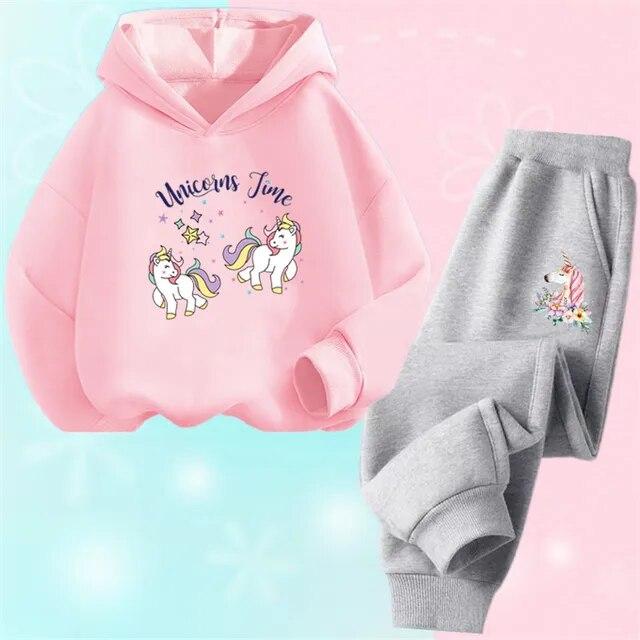 Spring Fall Girls Unicorn Sport Clothing Set Kids Outfits Hoody Sweatershirt Pants Children Fashion Thin Tracksuit