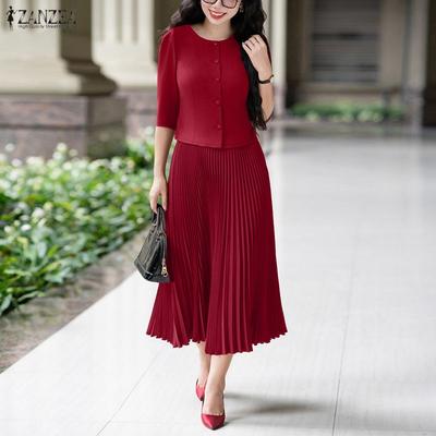 Women Short Sleeve Blouse and Pleated Skirts Casual Two Piece Suit Sets