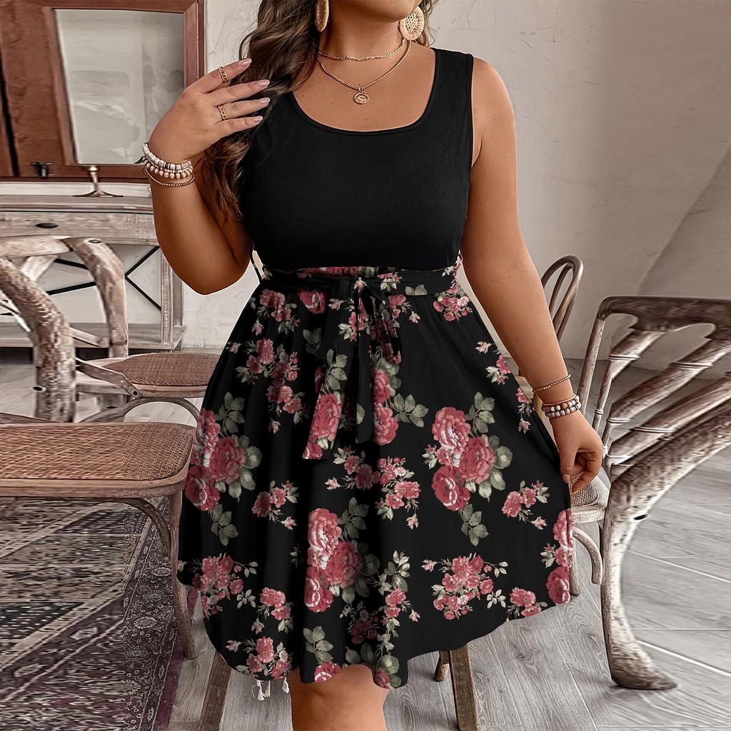 Women's Fashionable Casual Color Blocked Printed Sleeveless Waist Dress In Large Size