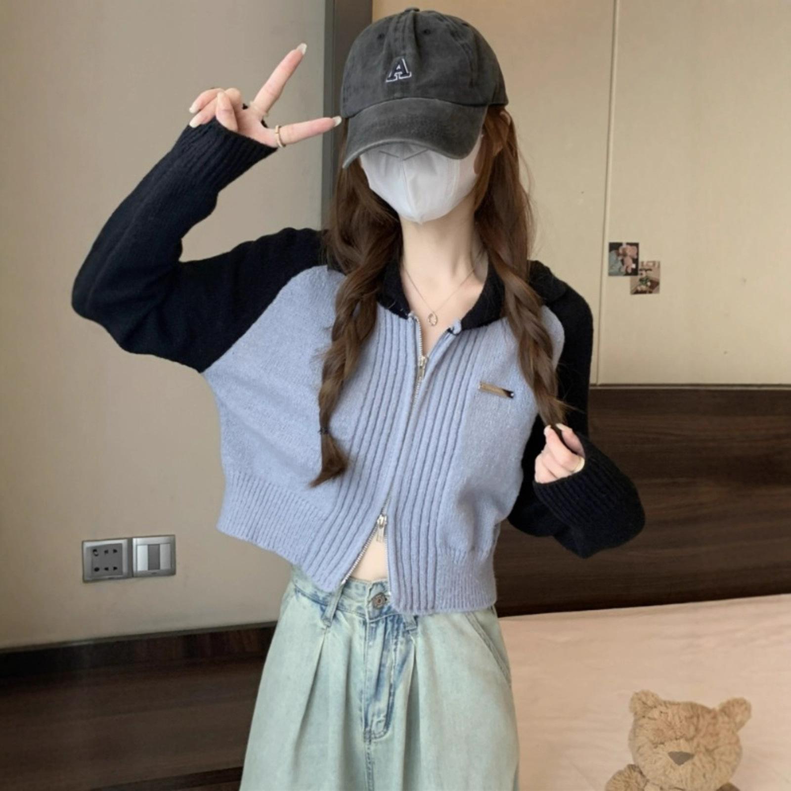 Contrasting color sweater cardigan jacket women s autumn and winter 2025 new small design short knitting one size fits all