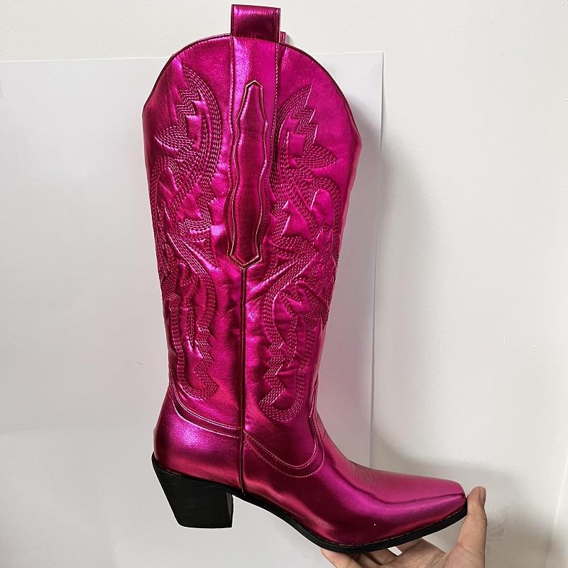 IPPEUM Western Cowboy Boots For Women Red Knee High Wide Calf Cowgirl Boots Embroidered White Pointed Toe Chunky Heel Shoes