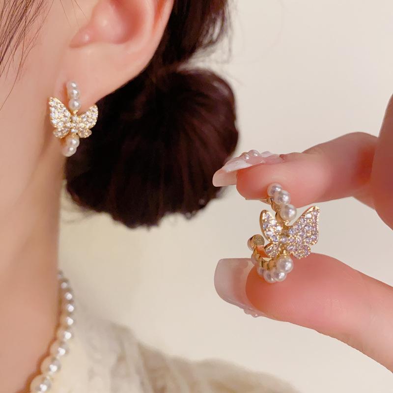 French Style Gentle Sweet Rhinestone Butterfly Pearl C Shaped Hoop Earrings For Women
