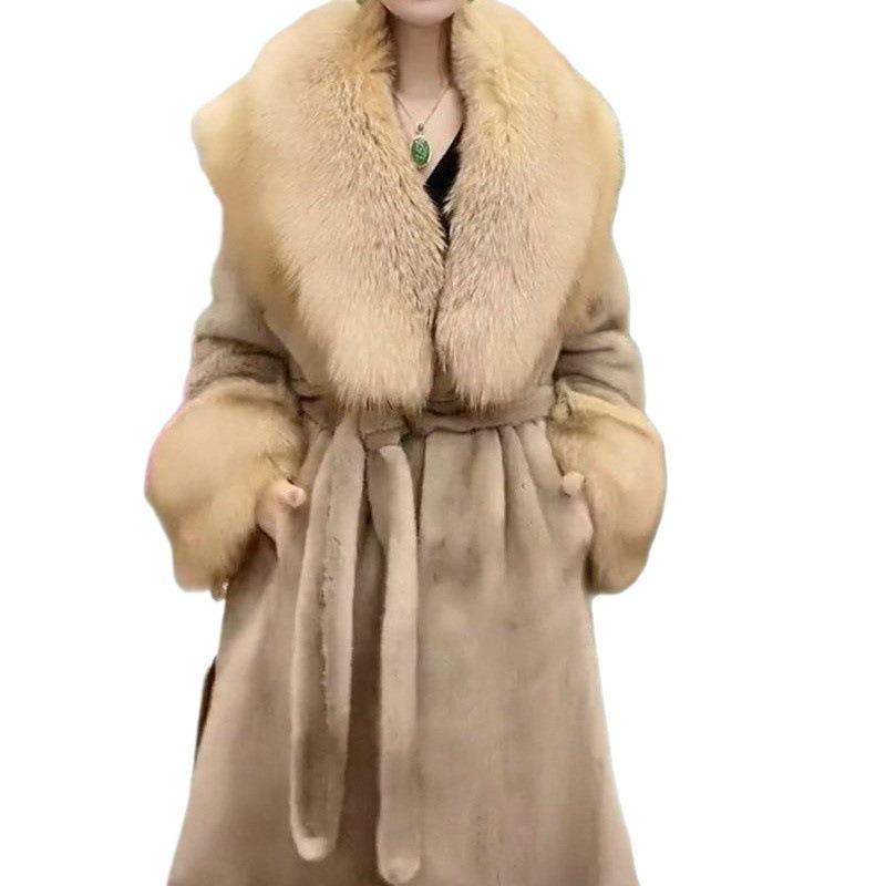 Autumn and Winter Imitation Mink Coat Fur Coat Women's Long Fur Coat Imitation Fox Fur Collar Large Size Cotton Clothes