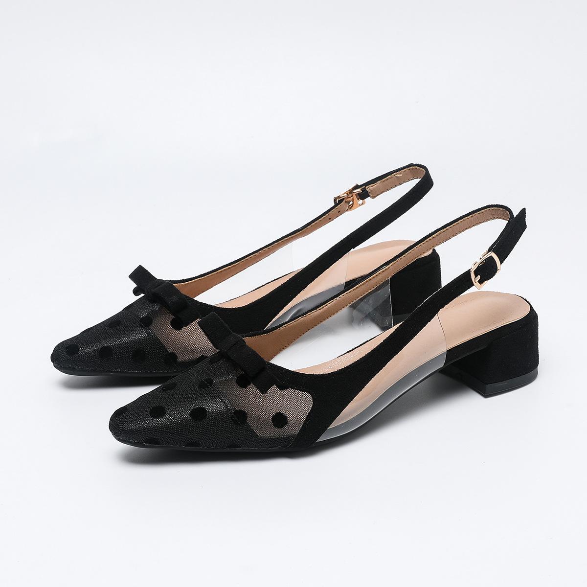 

Fashion med-high heels lace dot sandals women pointed toe transparent summer shoes slingback mules air-mesh bow sandalias big size 43 43