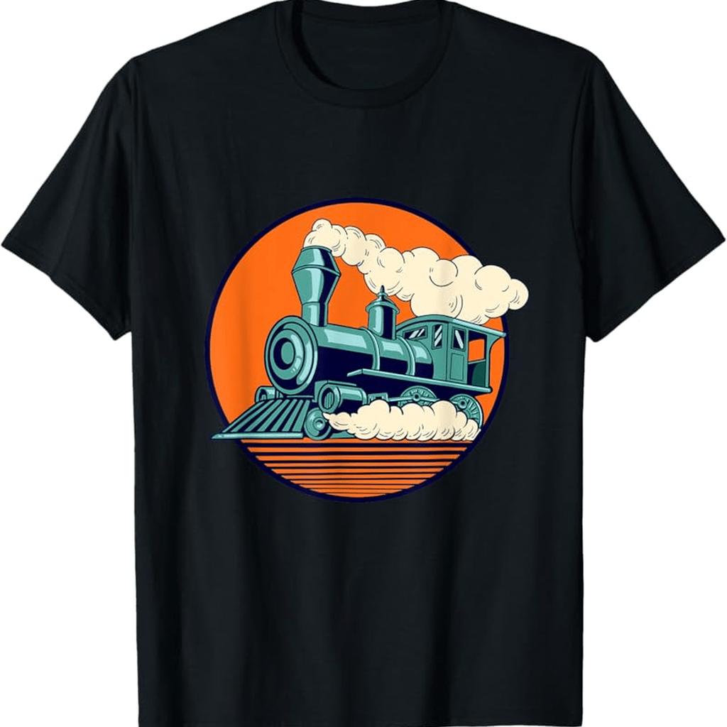 MenS Vintage Steam Locomotive Model Railroad Graphic TShirt with Green Locomotive Orange Smoke Print