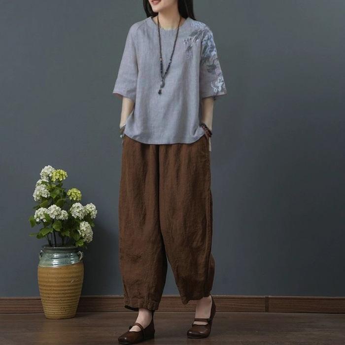 Summer Women's Retro Chinese Style Suit Linen Embroidered Cotton and Linen Tops Women's Short Sleeve T-shirt Cropped Pants Set