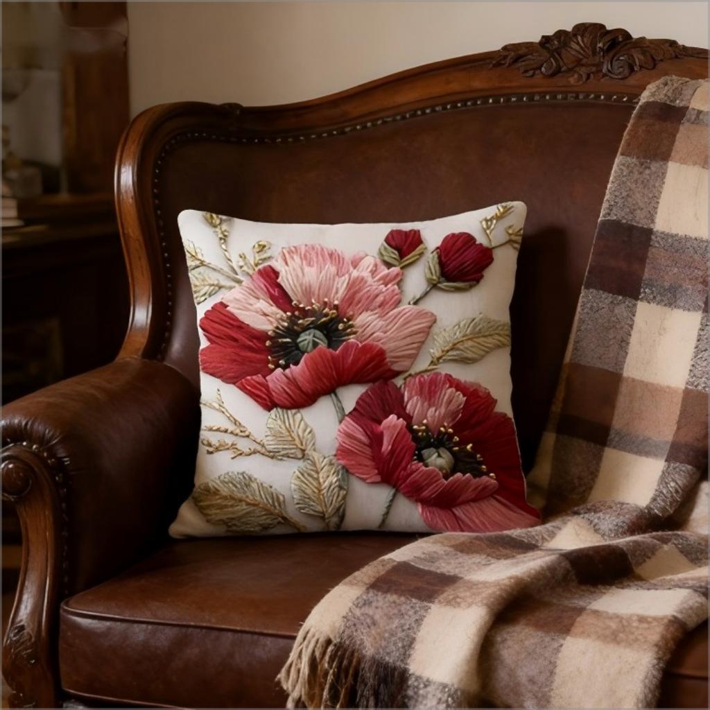 Poppy Faux Embroidery Pillow Cover 2D Floral Print Vintage Botanical Cushion Case For Sofa Bed Couch Boho French Home Decor