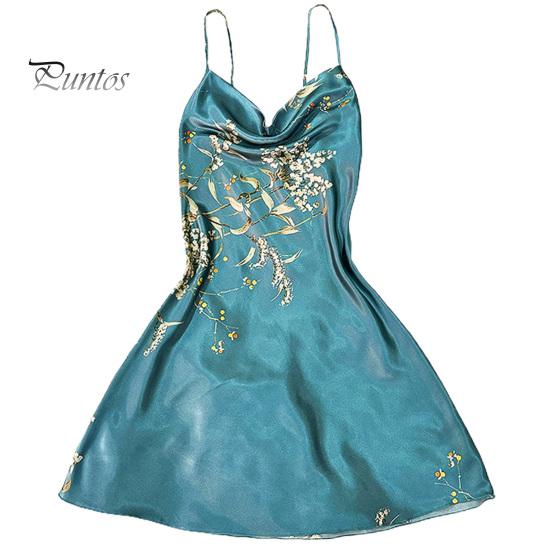 

Летняя женская ночная рубашка с v-образным вырезом, шелковистое атласное платье без рукавов с принтом на тонких бретельках и открытой спиной, мягкое дышащее женское мини-платье для сна, ночная рубашка, одежда для сна L зелёный