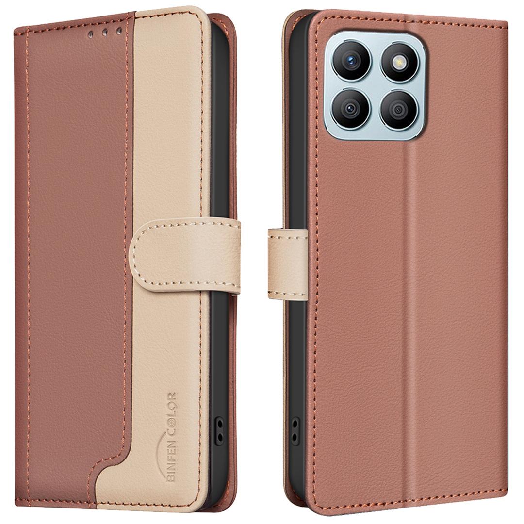 

For Honor X8b 4G Leather Case Splicing Color RFID Blocking Phone Cover Brown
