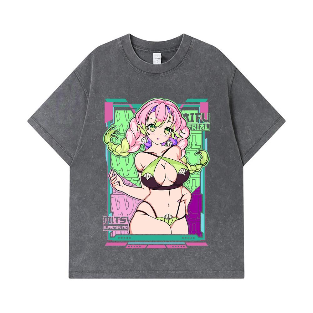 275 GSM Washed T-shirts 100% Cotton Demon Slayer V53 Mitsuri Waifu Print Unisex Heavy Cotton T Shirt
