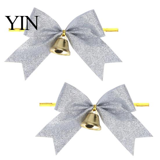 Decorative Bows with Bells 2 Pcs Christmas Bell, 4 Inch Glitter Ribbon Bows, Pre Tied Hanging Holiday Ornaments Xmas for Gift Wrapping, Wreath, Tree,