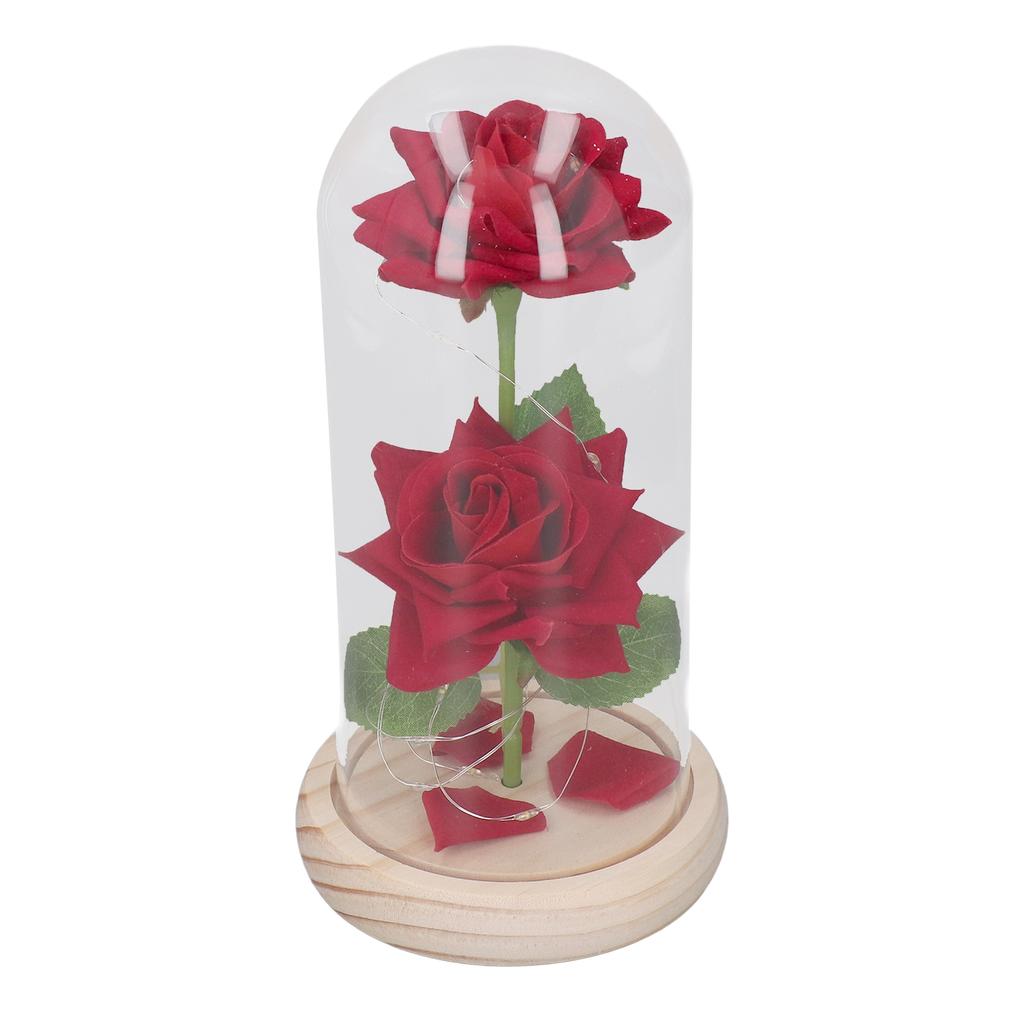 Valentine Day Artificial Flowers Glass Decor LED Light Wooden Base 2 Roses Ornaments for Girlfriend