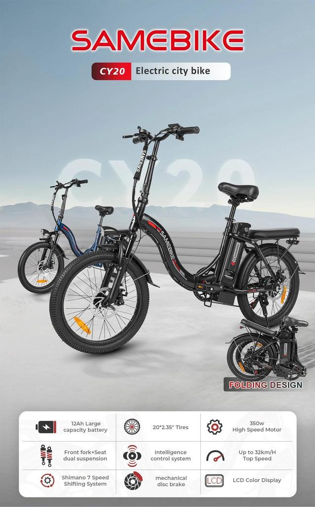 Samebike CY20 faltbares Elektrofahrrad, 36V 12Ah abnehmbarer Akku, 20 Zoll, Federgabel, Outdoor-Elektrofahrrad.