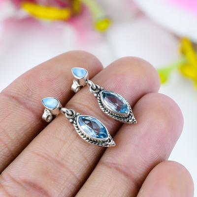 Přírodní modrý topaz, drahokam larimar, náušnice z masivního sterlingového stříbra 925, 1" a1G13